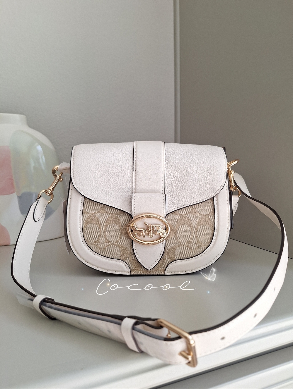 NWT Coach Georgie Saddle Bag in Signature Canvas C2806 Light Khaki Chalk